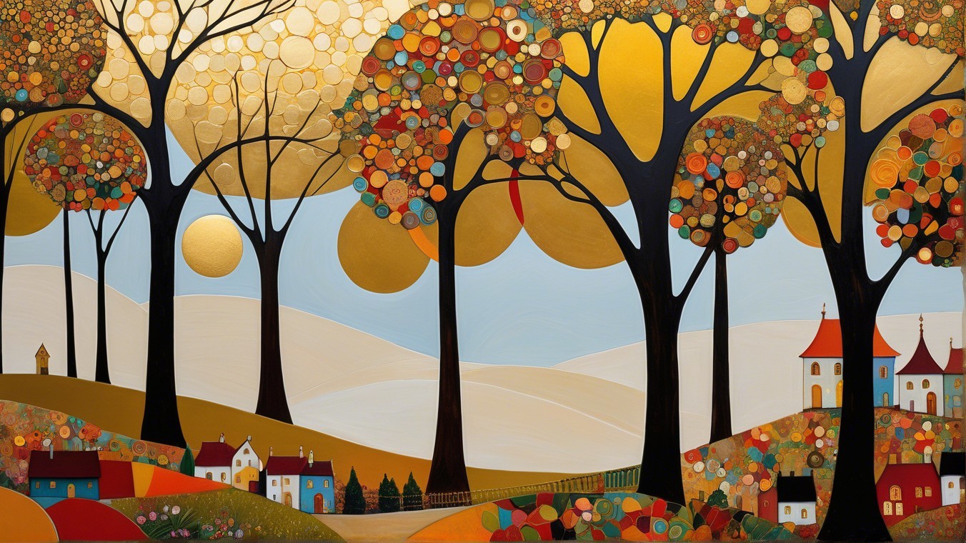 Vibrant Autumn Landscape with Colorful Trees and Houses
