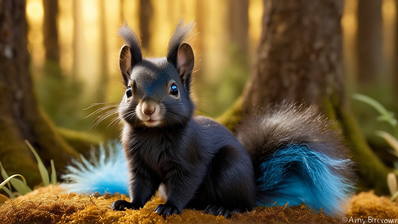 Cartoonish squirrel with black coat in a forest