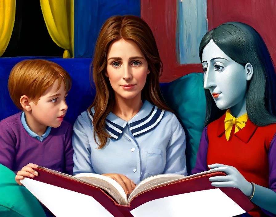 Cozy Reading Scene with Woman, Boy, and Character