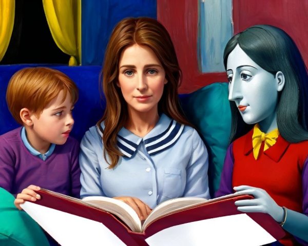 Cozy Reading Scene with Woman, Boy, and Character