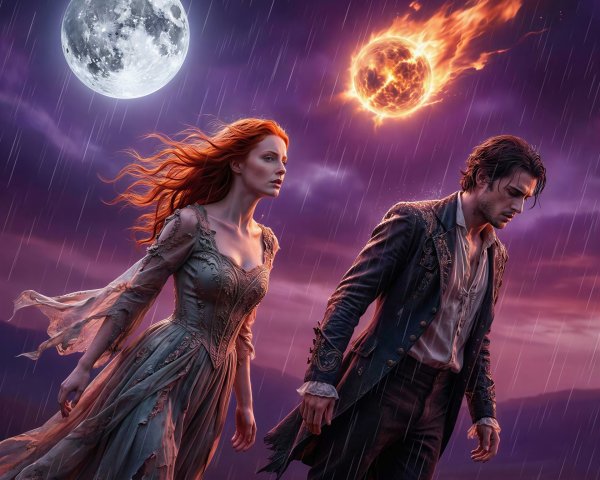 Digital Painting of a Couple Walking in Rainy Fantasy Scene