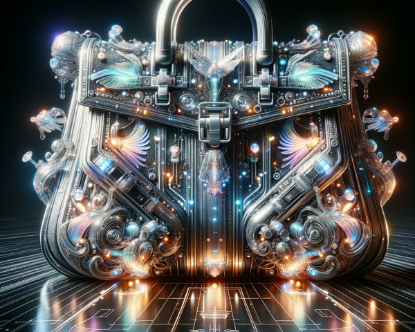 Futuristic cybernetic handbag with metallic designs and glowing elements