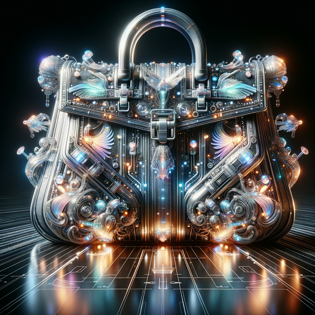 Futuristic cybernetic handbag with metallic designs and glowing elements