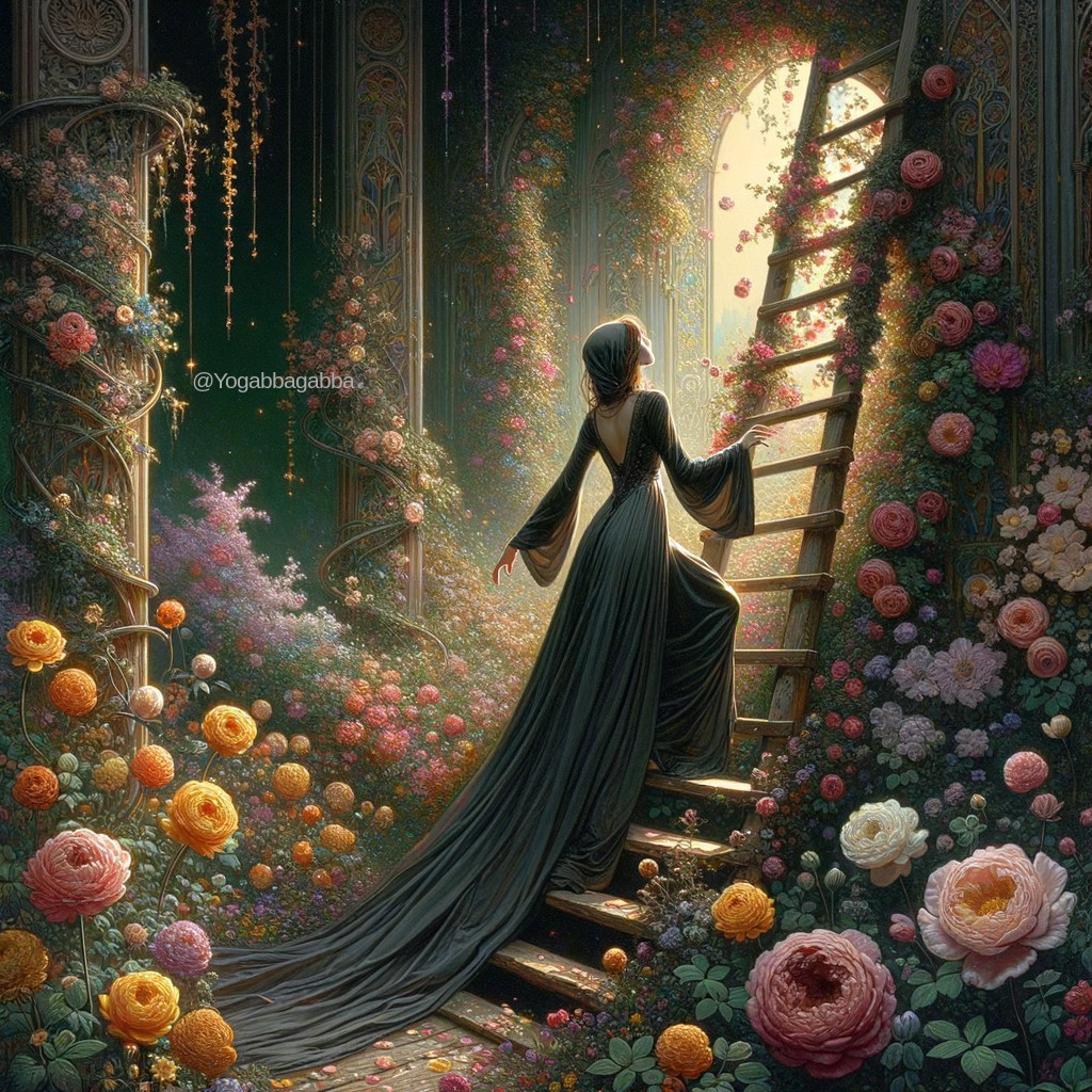 Mysterious figure in black gown in vibrant garden scene
