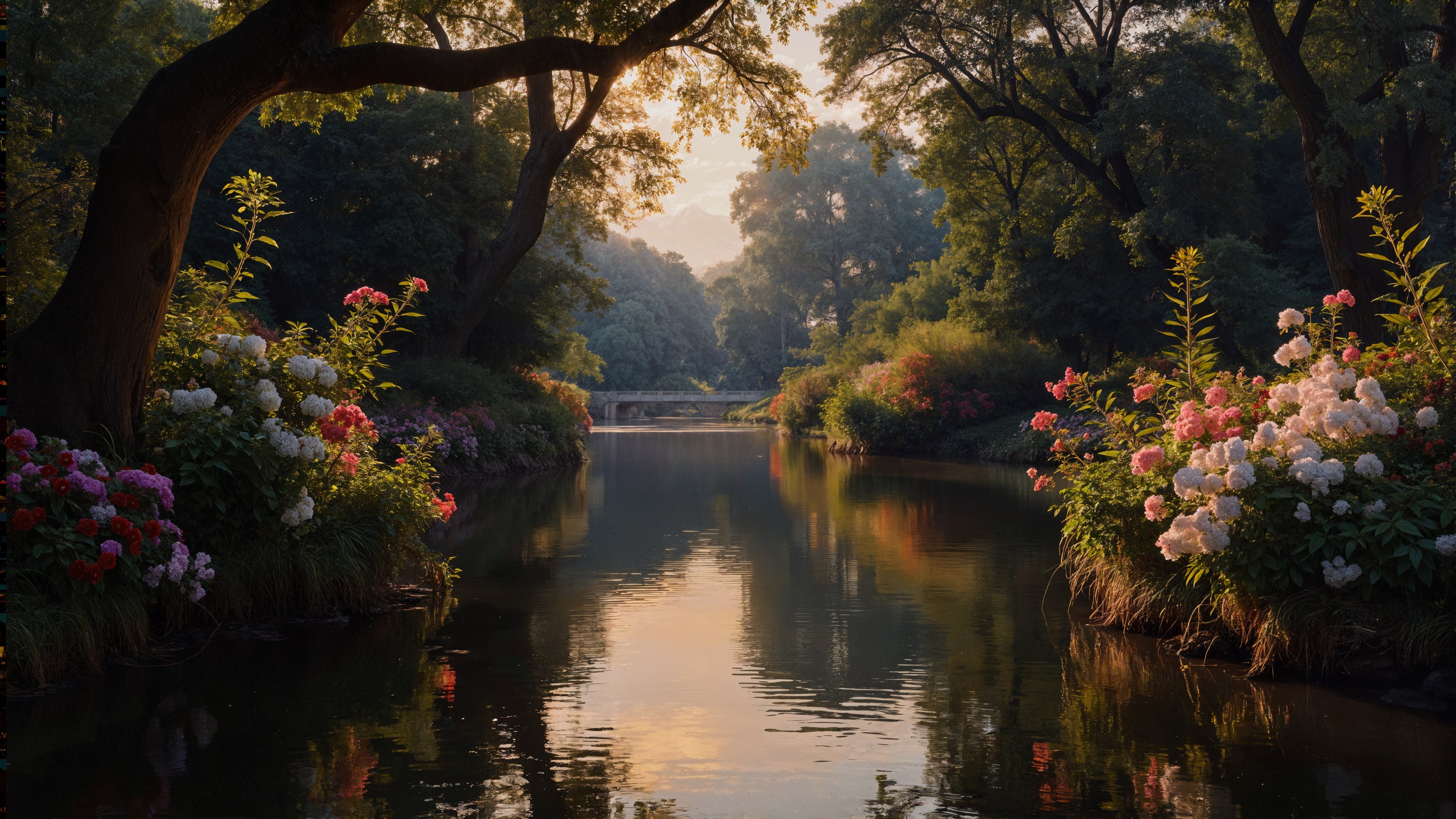 Serene River Flowing Through Lush Landscape and Flowers