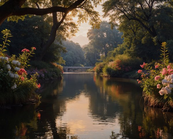 Serene River Flowing Through Lush Landscape and Flowers