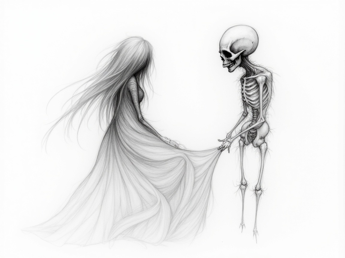 Skeletal Figure and Ghostly Woman in Ethereal Scene