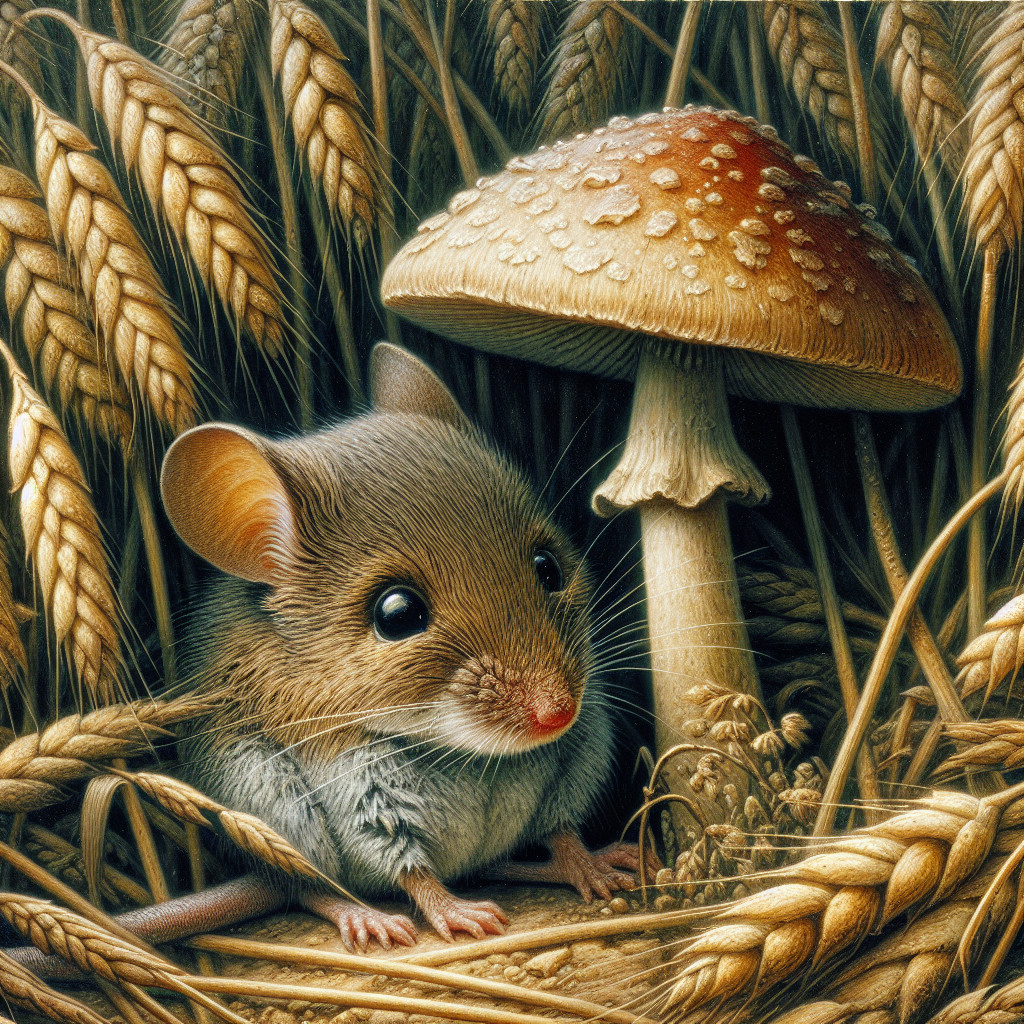 Charming Mouse in a Golden Wheat Field with Mushroom