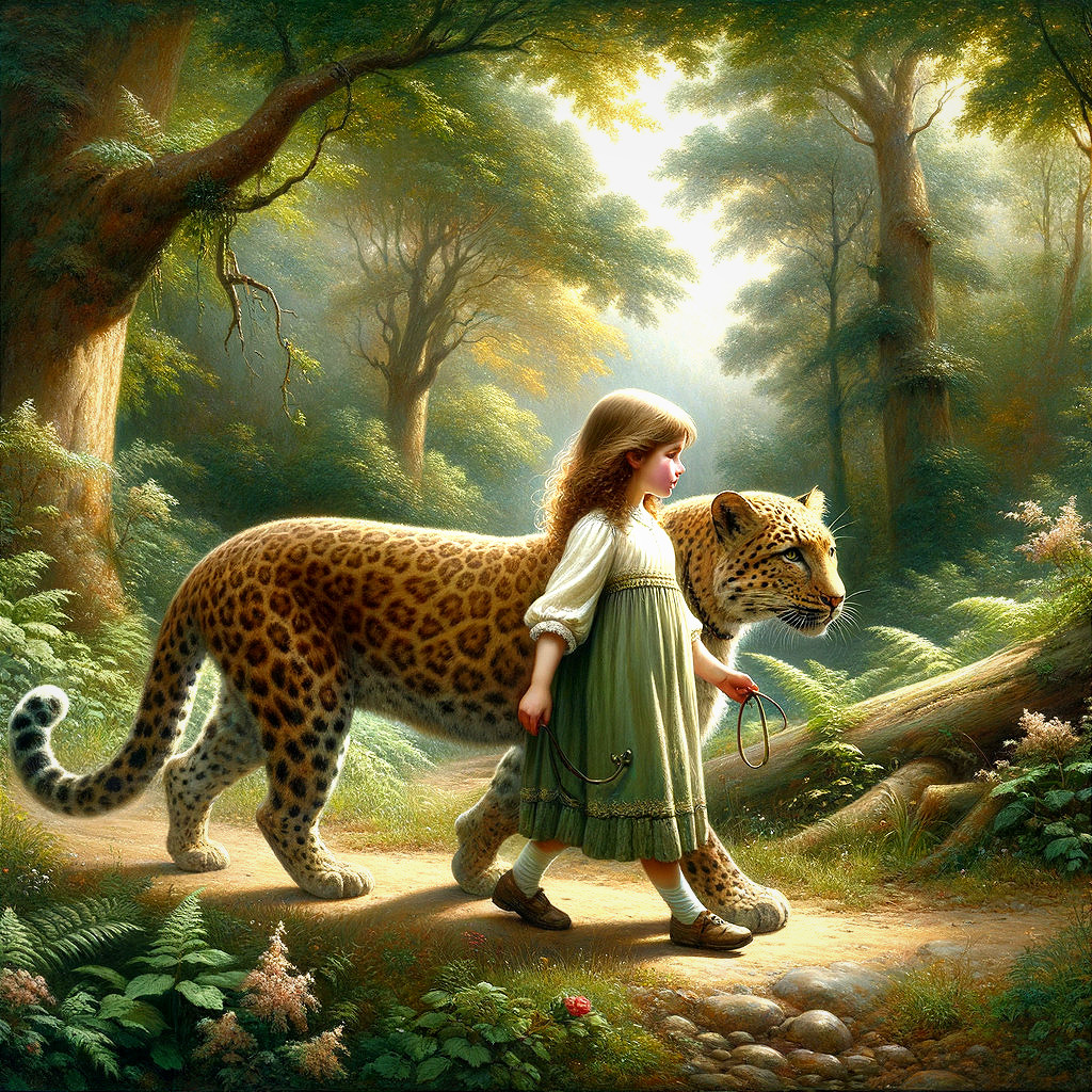 Young girl walks with leopard in a magical forest