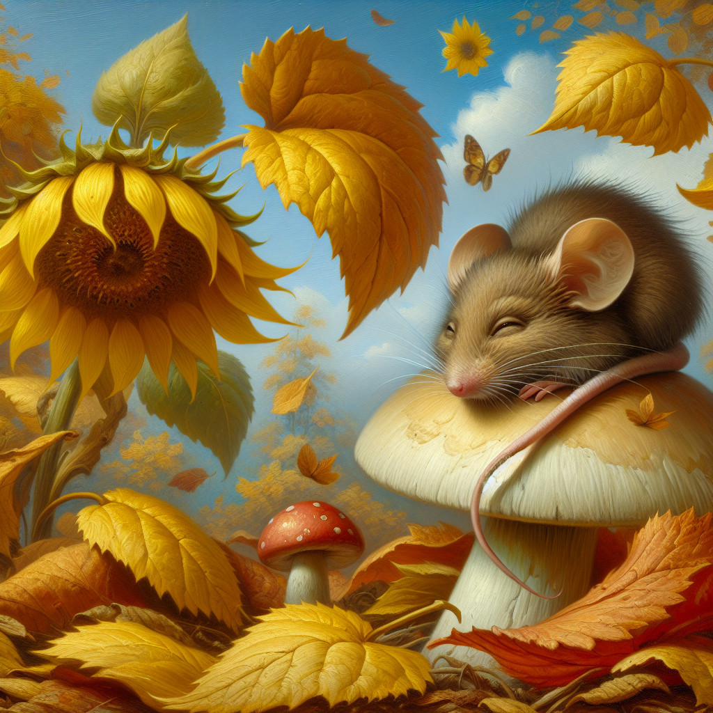 Autumn Scene with Mouse on Mushroom and Sunflowers