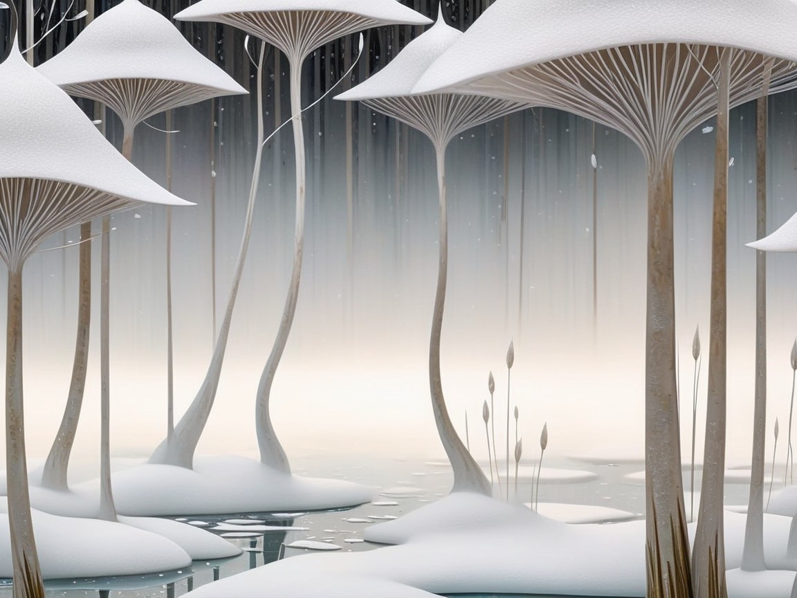 Ethereal Forest with Giant Mushrooms and Calm Water