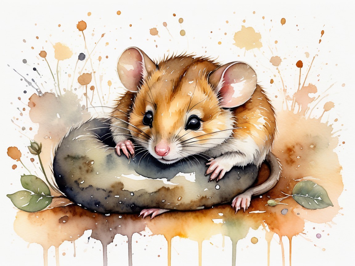 Illustrated Mouse on Stone with Watercolor Surroundings