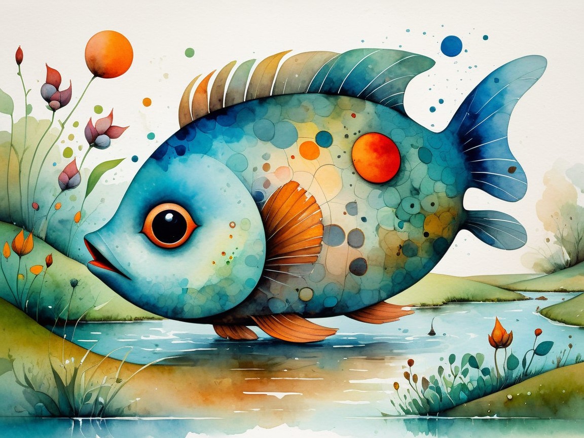 Brightly Colored Fish in a Serene Pond Landscape