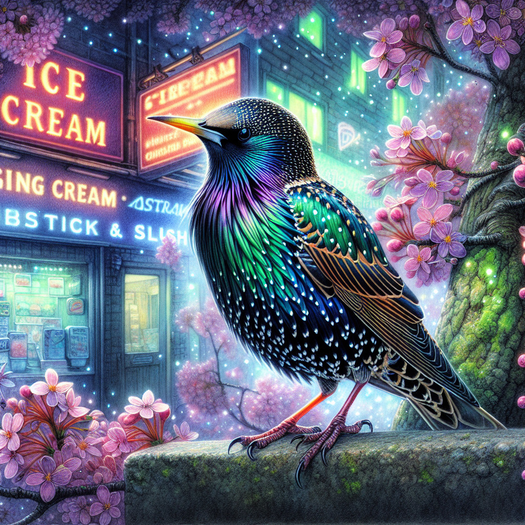 Colorful Starling Amidst Cherry Blossoms and City Lights