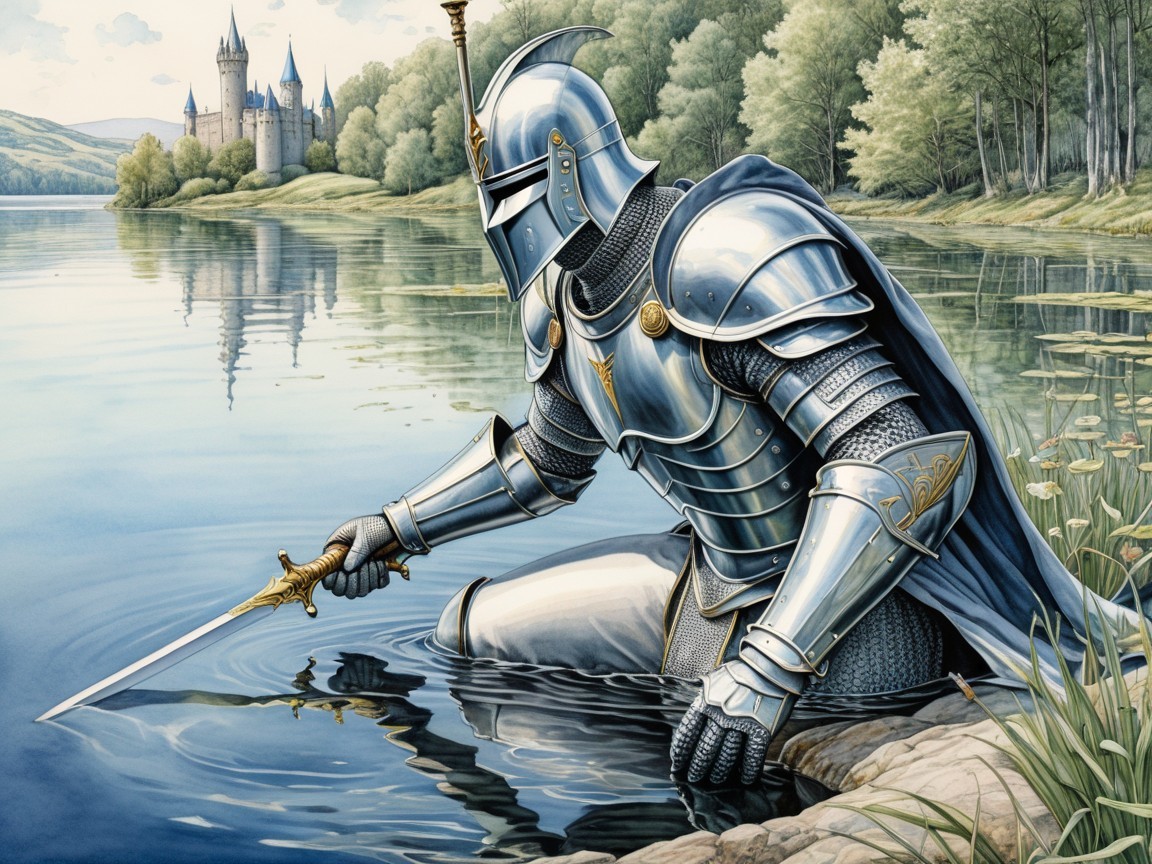 Knight by Tranquil Lake with Sword and Reflection