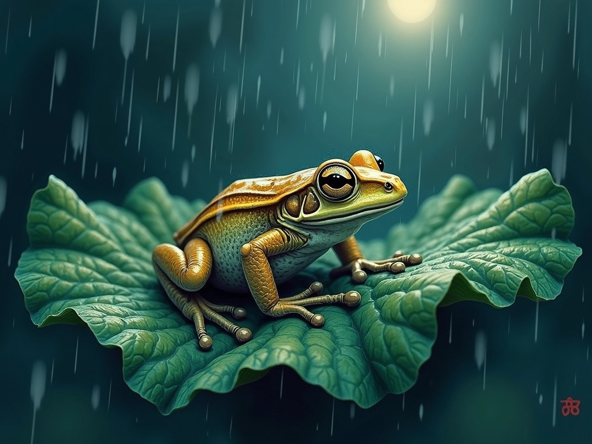 Vibrant frog on green leaf in serene rain setting