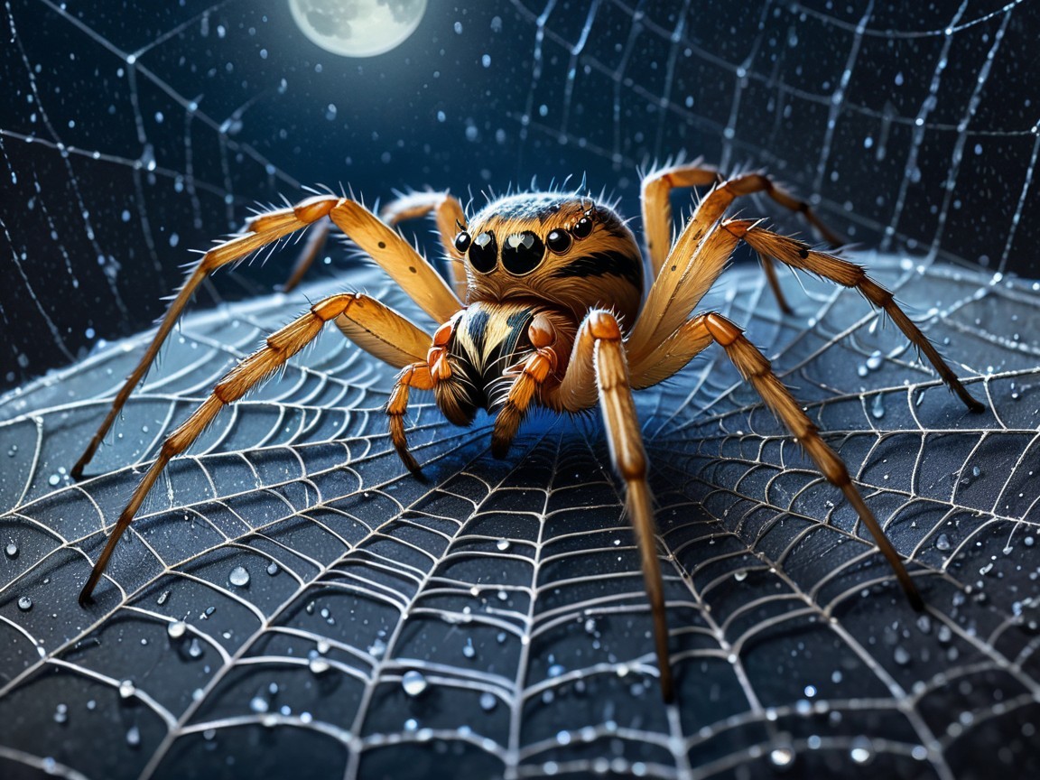 Close-up of a spider on a dew-covered web at night