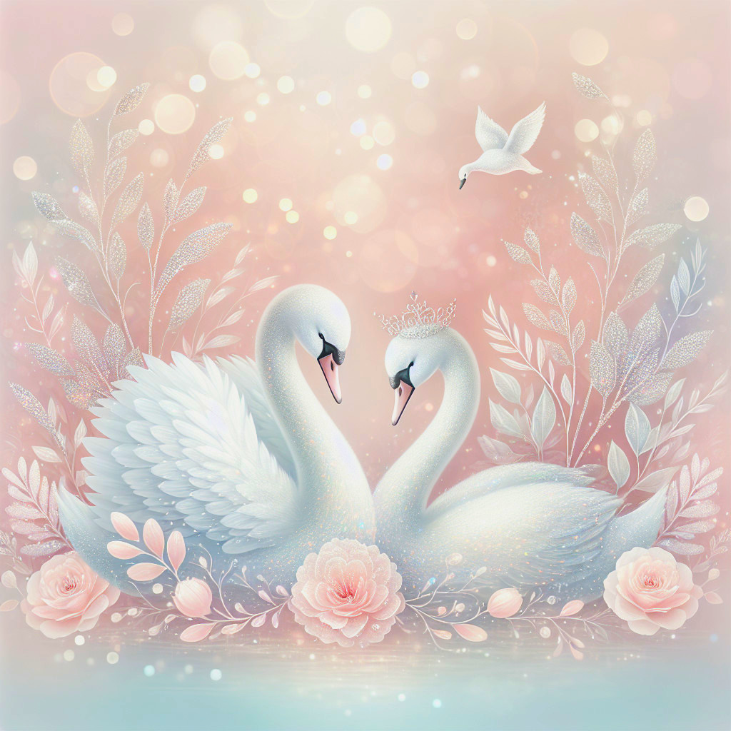 Dreamy Illustration of Entwined Swans in Pastels