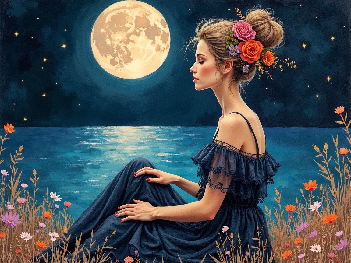 Serene Woman by Water Under Full Moonlight