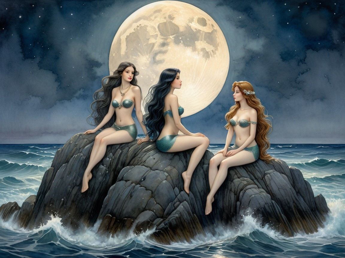 Mermaids on a rocky outcrop under a full moon
