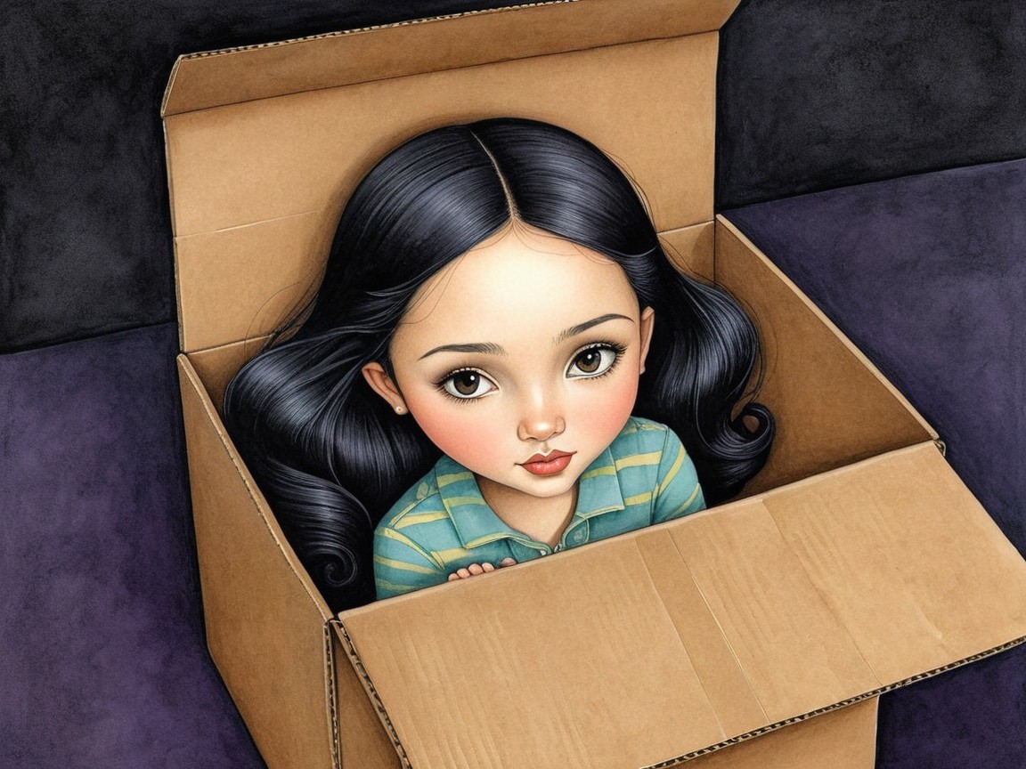 Young girl in a cardboard box with thoughtful expression