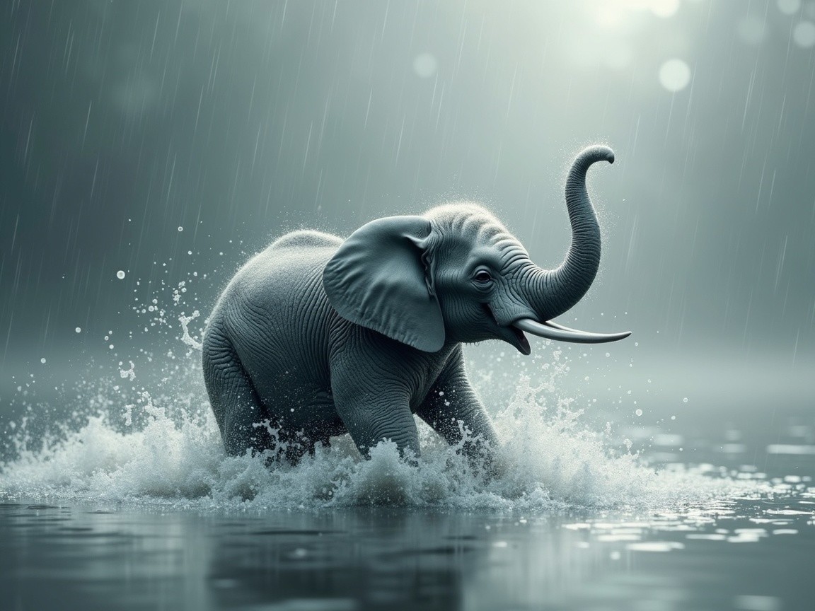 Elephant Splashing in Serene Water Under Soft Light