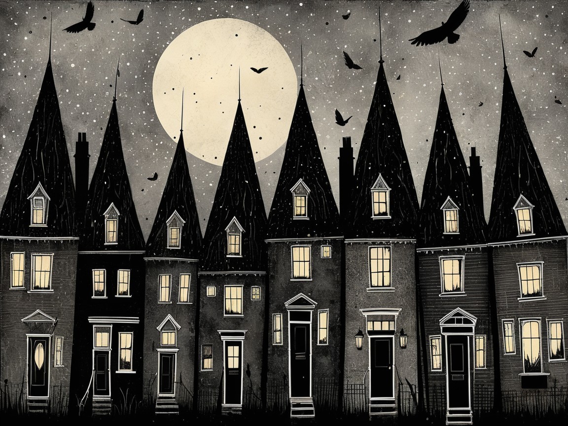 Whimsical Houses Under Moonlight and Starry Sky
