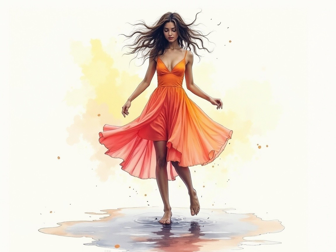 Elegant Woman in Gradient Dress by Shimmering Pool