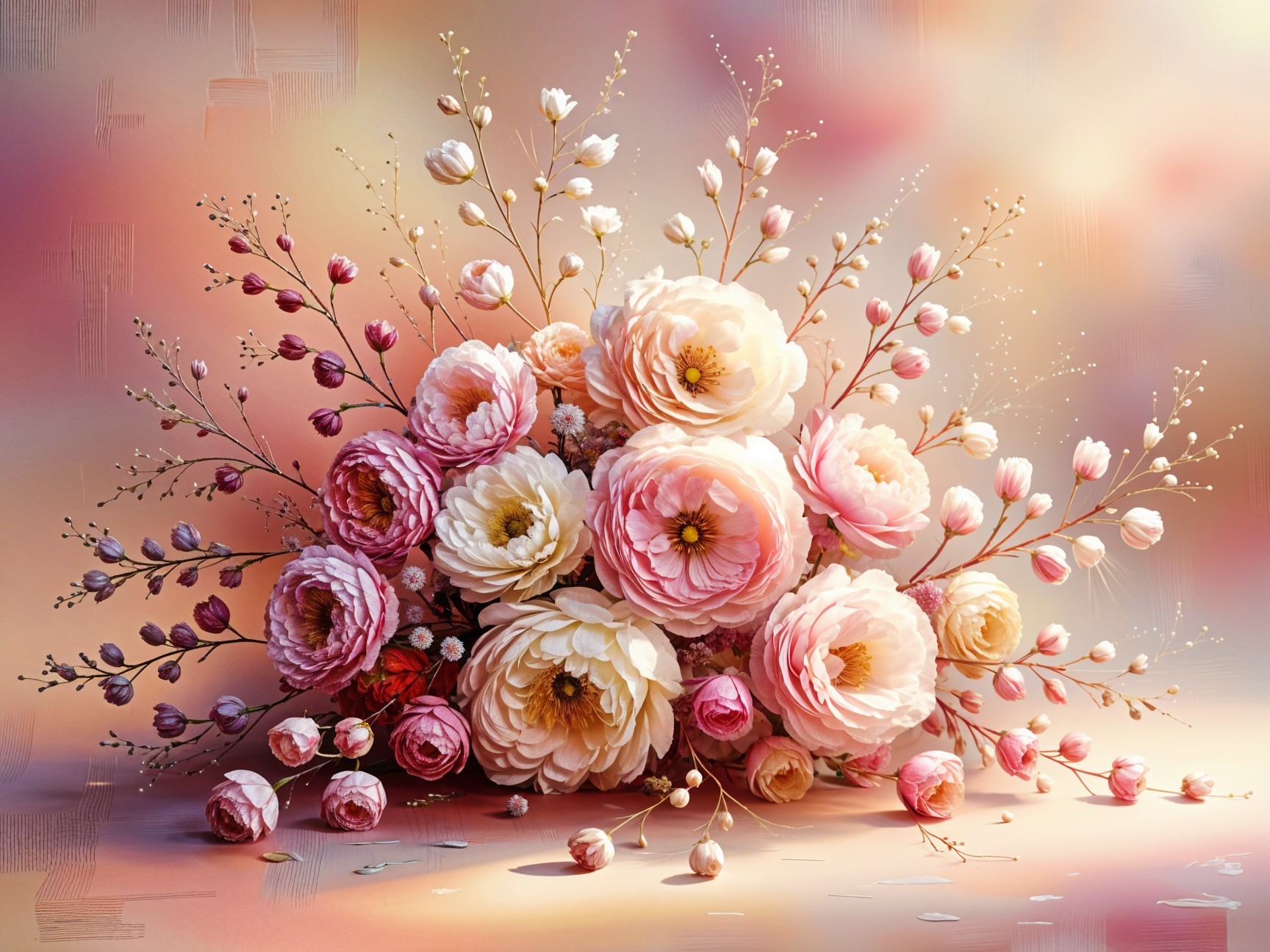 Lush Bouquet of Pastel Blooming Flowers in Soft Hues
