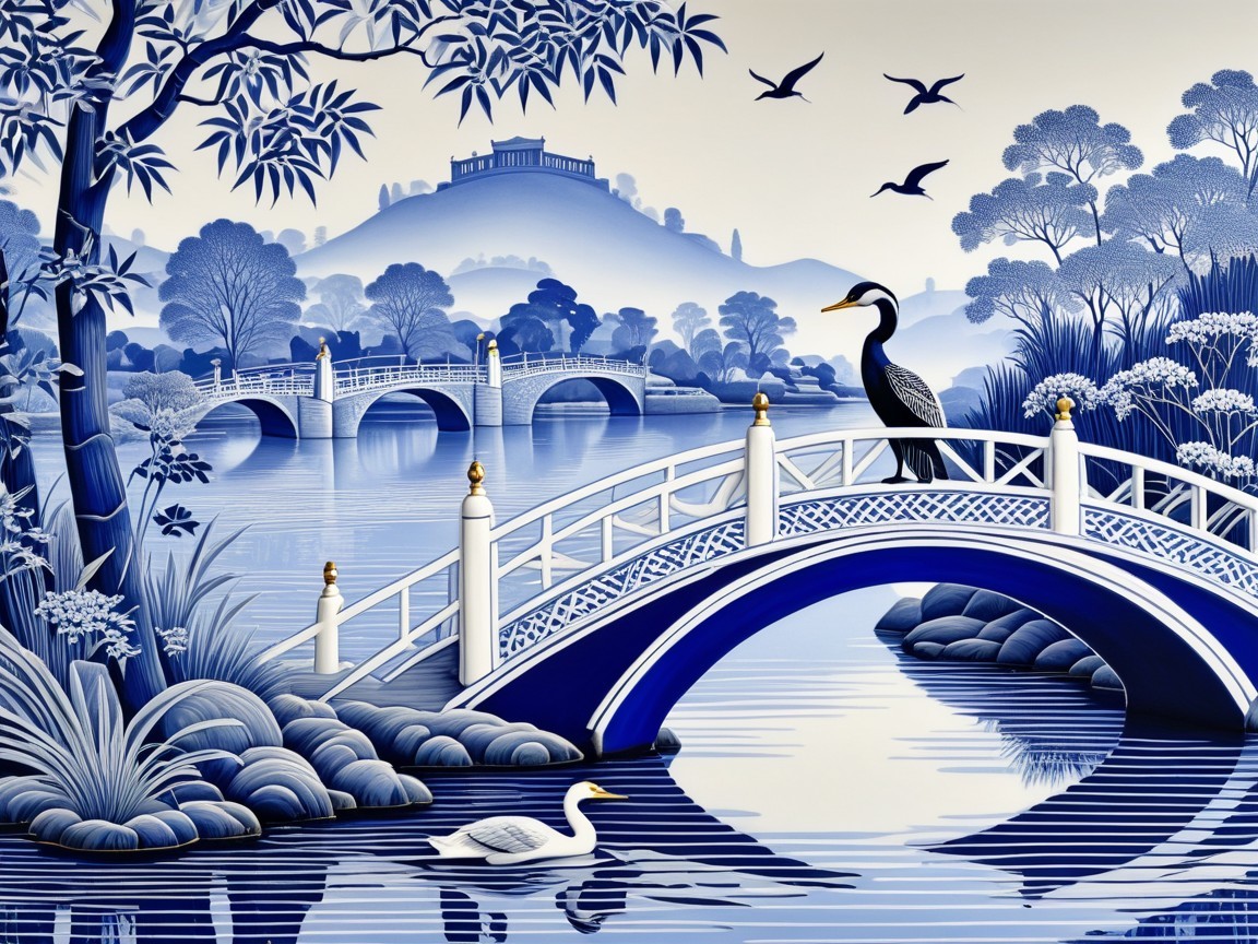 Tranquil River Landscape with Bridge and Wildlife