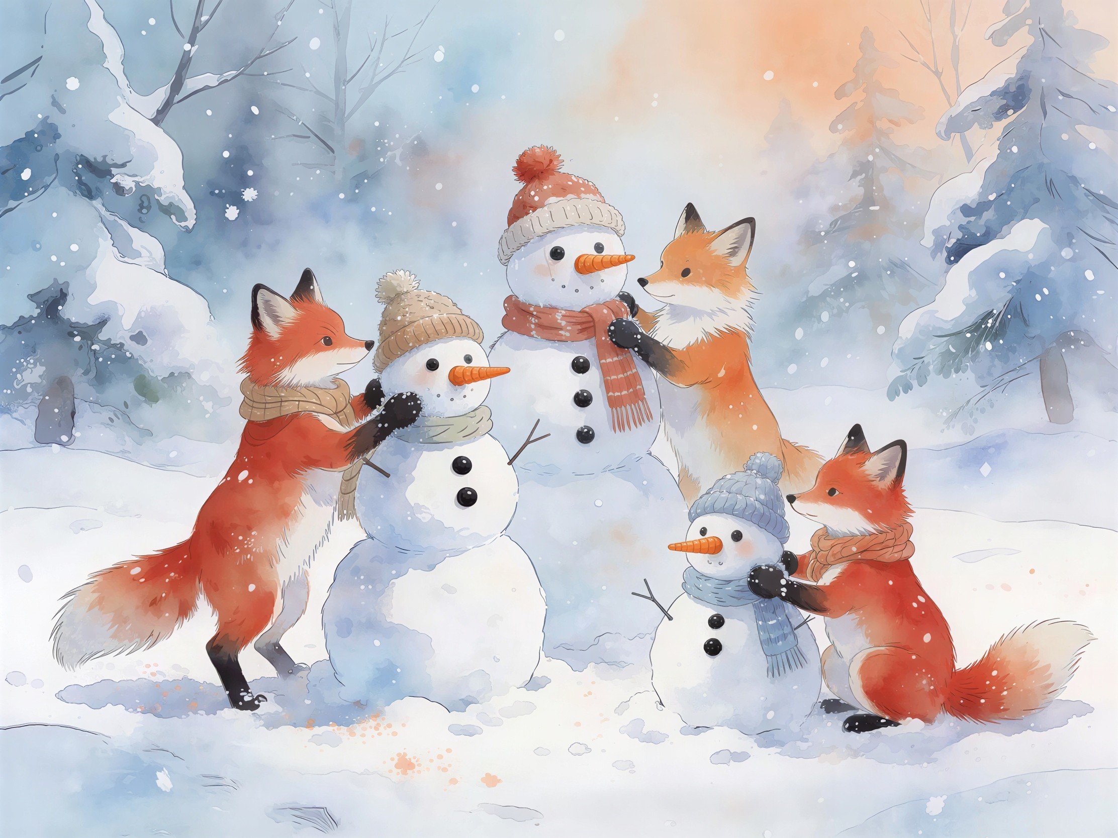 Red Foxes Building Snowmen in a Winter Landscape