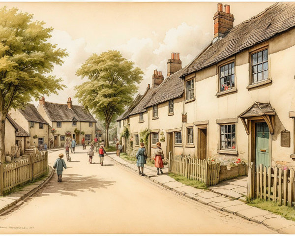 Watercolor Painting of a Village Street Scene