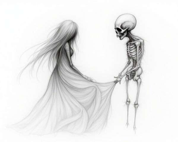 Skeletal Figure and Ghostly Woman in Ethereal Scene