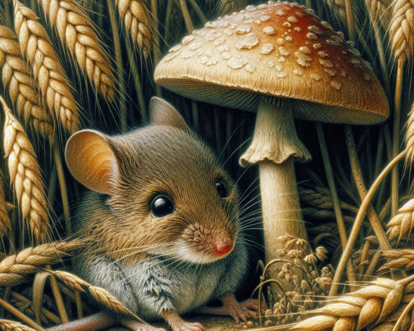 Charming Mouse in a Golden Wheat Field with Mushroom