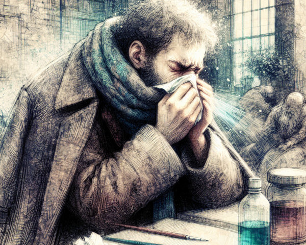 Man at Cluttered Desk with Cold Symptoms and Medicine