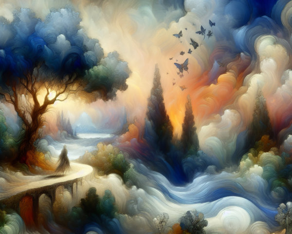 Tranquil Landscape with Colorful Path and Nature Elements