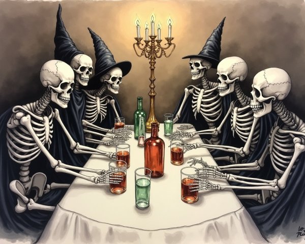 Skeletons in Witch Hats Gathered at a Table