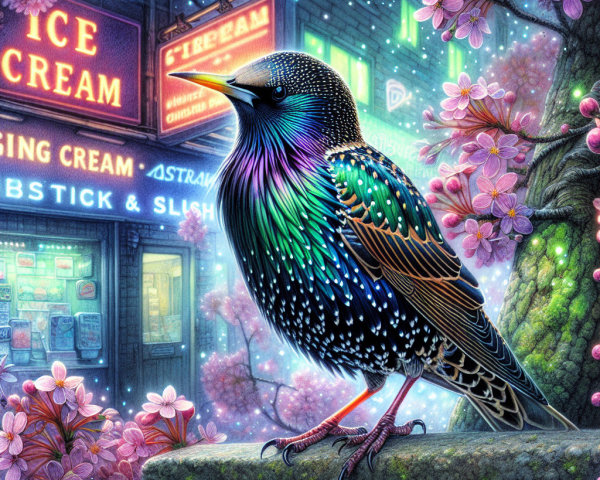 Colorful Starling Amidst Cherry Blossoms and City Lights