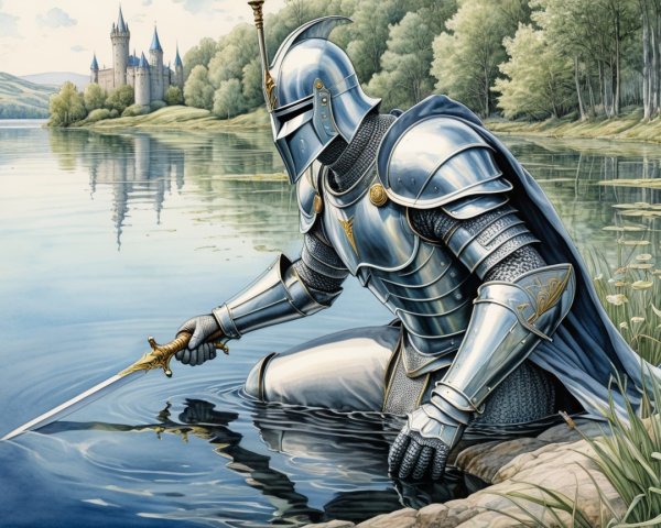 Knight by Tranquil Lake with Sword and Reflection