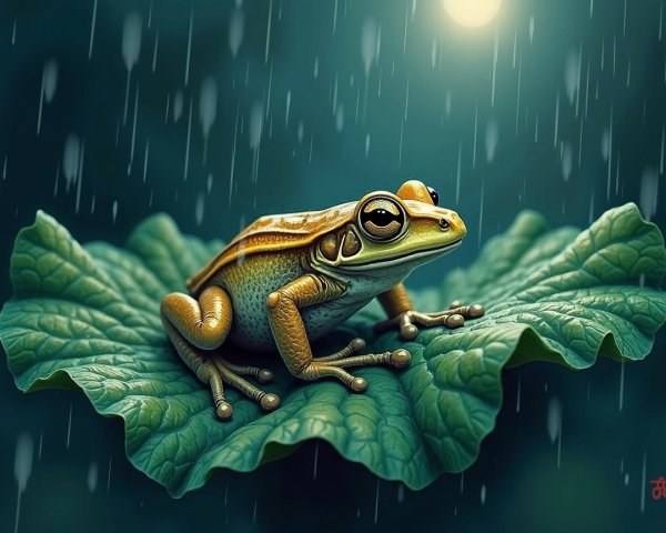 Vibrant frog on green leaf in serene rain setting