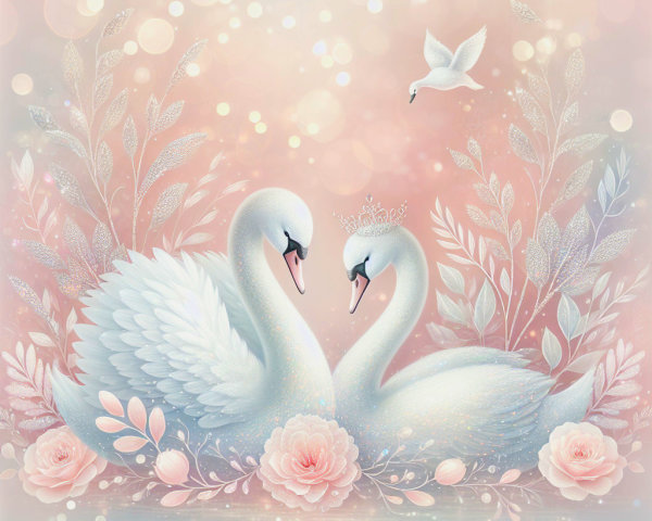 Dreamy Illustration of Entwined Swans in Pastels
