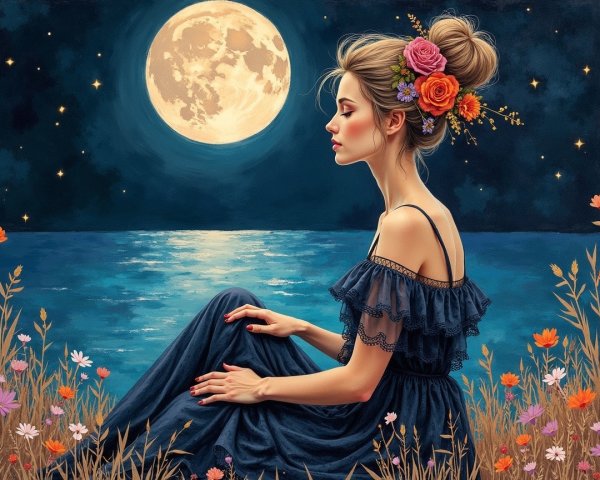 Serene Woman by Water Under Full Moonlight