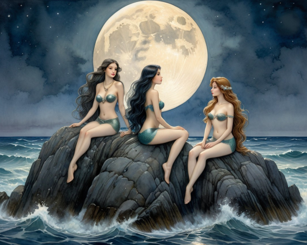 Mermaids on a rocky outcrop under a full moon