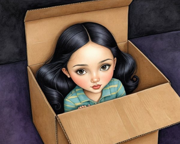 Young girl in a cardboard box with thoughtful expression