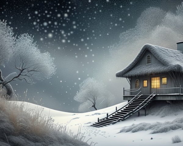 Cozy hut in a snowy winter landscape with frosty trees