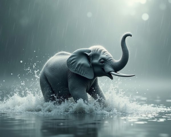 Elephant Splashing in Serene Water Under Soft Light
