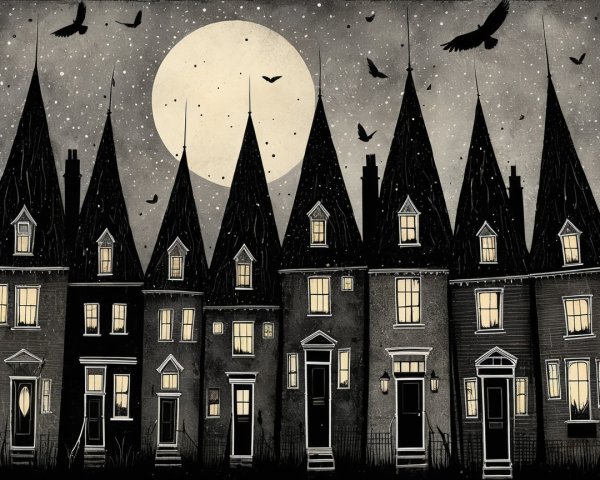Whimsical Houses Under Moonlight and Starry Sky