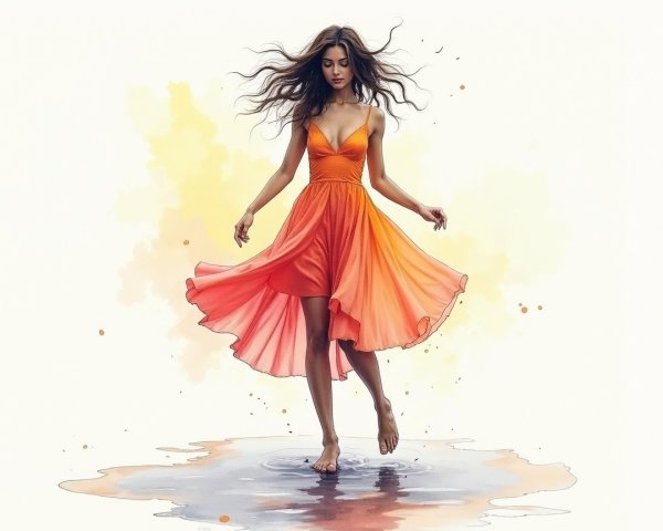 Elegant Woman in Gradient Dress by Shimmering Pool