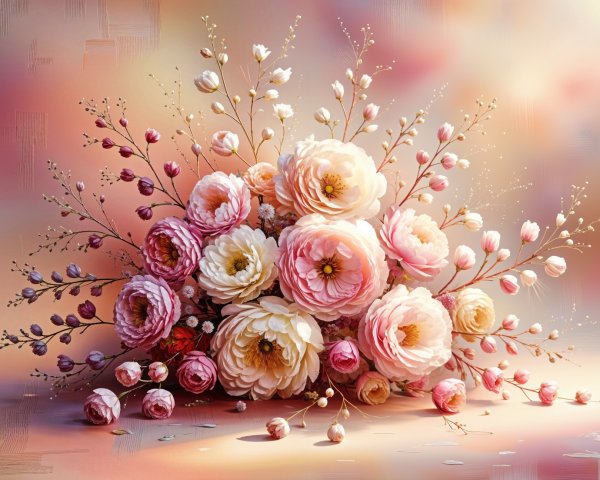 Lush Bouquet of Pastel Blooming Flowers in Soft Hues