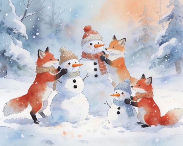 Red Foxes Building Snowmen in a Winter Landscape